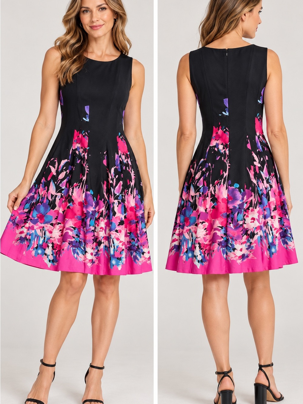 Chetta B Black & Pink Floral Fit-and-Flare Dress